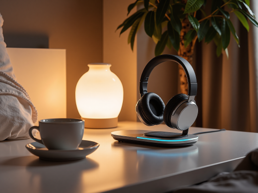 Premium wireless headphones with sleek design and soft lighting effect, placed on a minimalist stand against a clean background